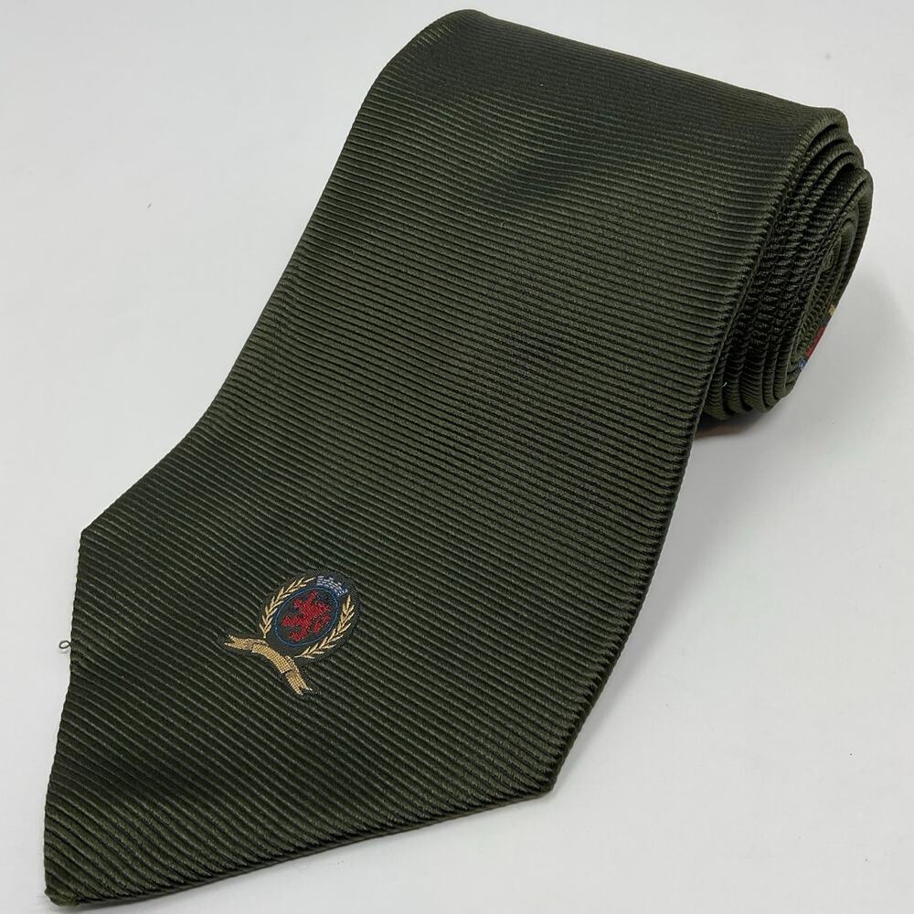 Vintage Tommy Hilfiger Logo Crest Necktie 100% Silk Men Woven Olive Green NEW